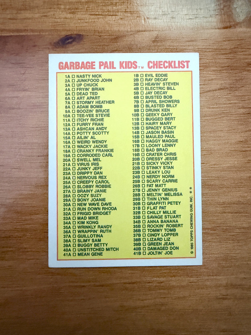 Topps Garbage Pail Kids - Blasted Billy 8b Checklist - 1985 Series 1 - First Print Matte Back - VF