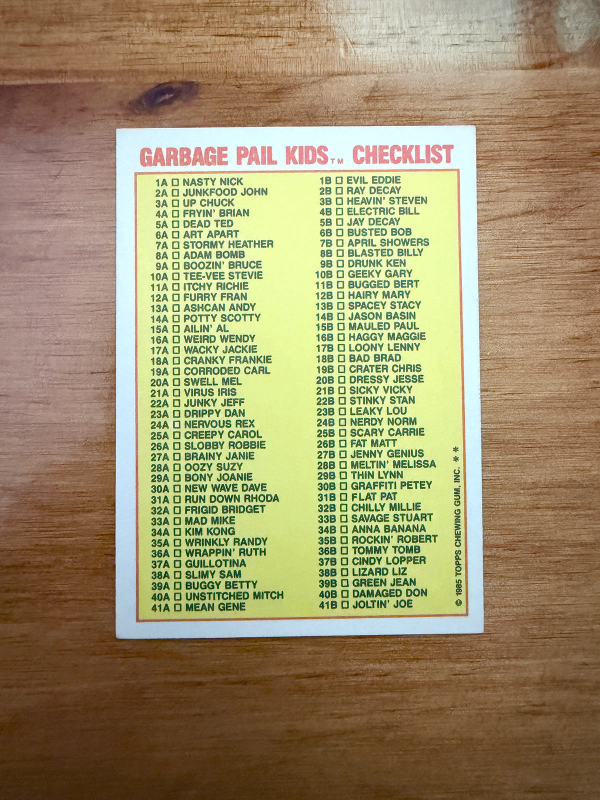 Topps Garbage Pail Kids - Blasted Billy 8b Checklist - 1985 Series 1 - First Print Matte Back - VF