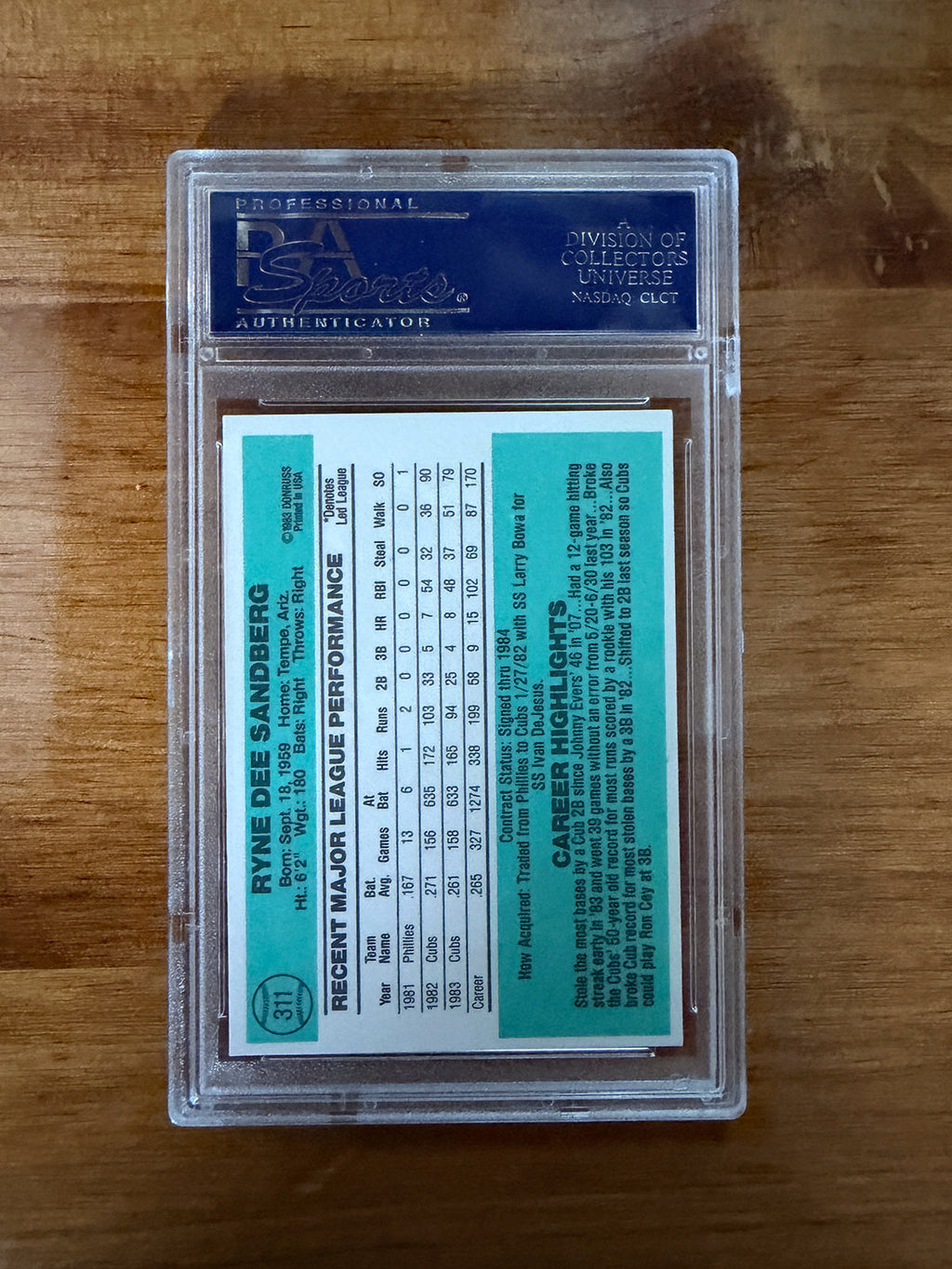 Ryne Sandberg - 1984 Donruss #311 - PSA 9
