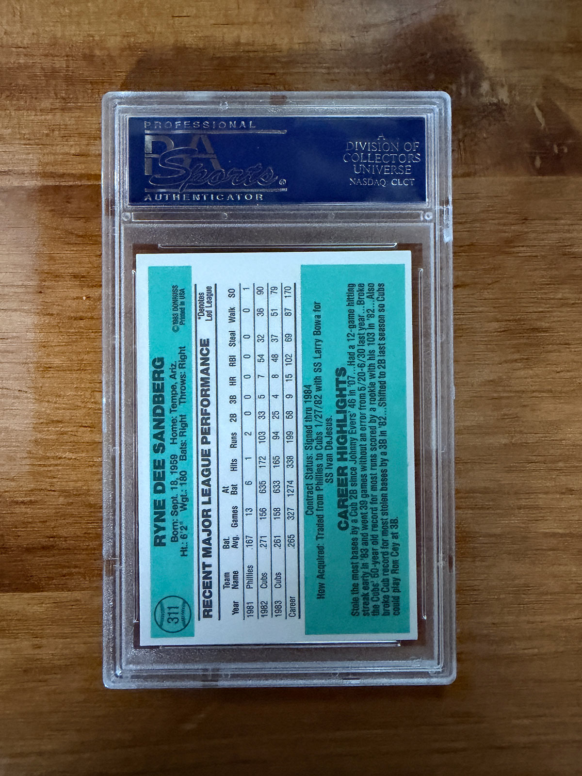 Ryne Sandberg - 1984 Donruss #311 - PSA 9