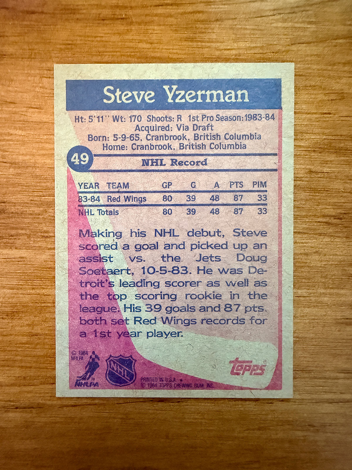 Steve Yzerman - 1984 Topps Rookie - NM