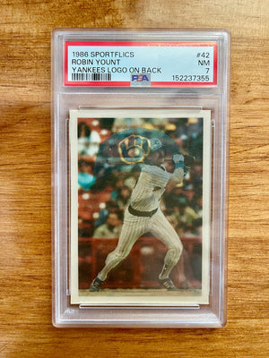 Robin Yount - 1986 Sportflics #42 Yankees Logo Error - PSA 7