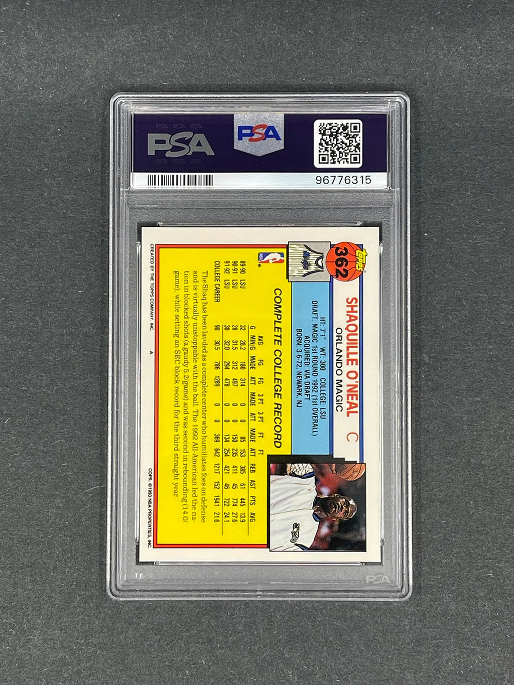 Shaquille O’Neal - 1992 Topps #362 - PSA 9